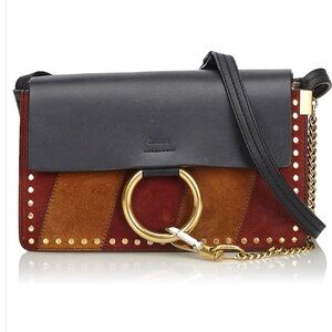 Chloe Faye Crossbody Patchwork Gold Chain Black Brown Studded Mixed Media Purse